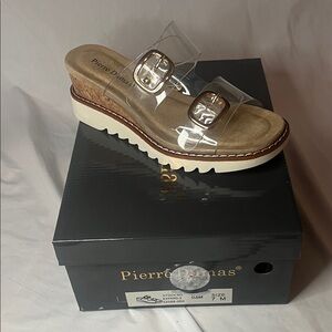 Pierre Dumas Clear and Tan Wedge Sandals